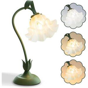Flower Table Lamp LED Night Light Bedside Desk Lamp 3 Color Modes Green Decor